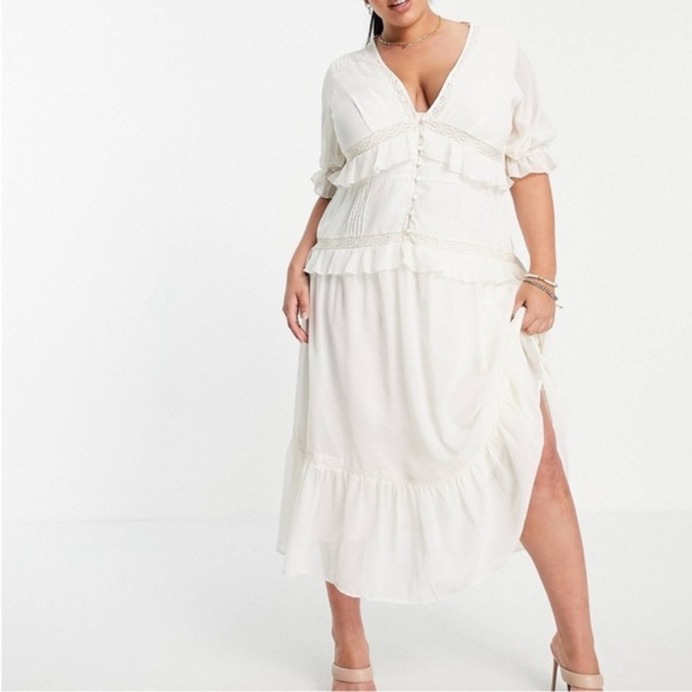 Asos Design Button Through Lace Tiered Midi Dress 14 Cottagecore Bridgerton Boho